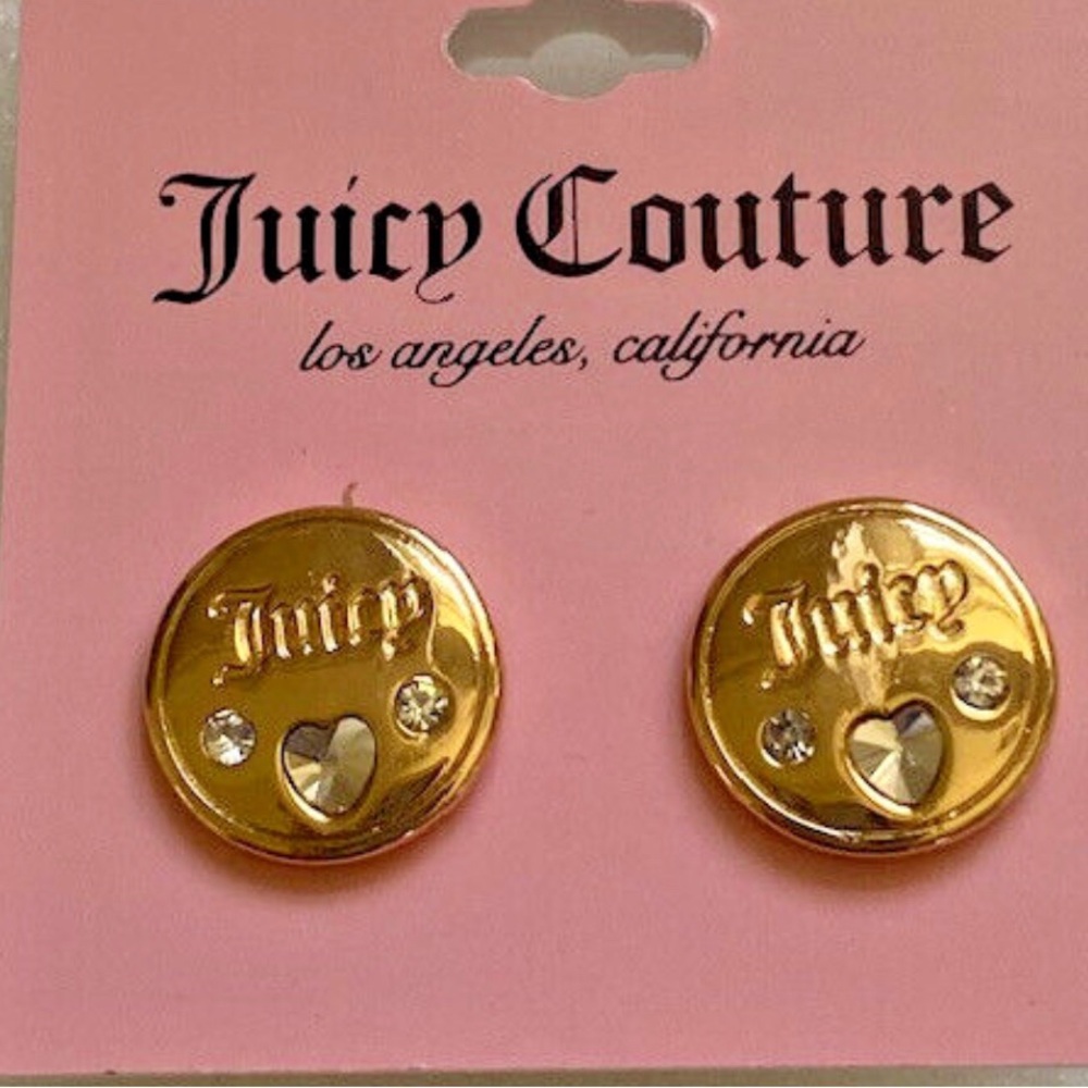 NEW JUICY Couture Round Gold Earrings Studs G/T Hearts Crystal Logo